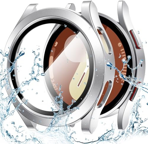 Kamita Coque Étanche Compatible avec Samsung Galaxy Watch 7 44mm, PC Bumper Case avec Protecteur d'écran en Verre Trempé, Antichoc Étui de Protection Imperméable Housse pour Samsung Watch7 (Argent)