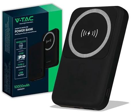 V-TAC Power Bank Magnetico compatibile con MagSafe - 10000 mAh - Ricarica Rapida PD 20W - Batteria esterna per Apple iPhone 12/13/ 14/15 / 16 Mini/Pro/Max - Nero