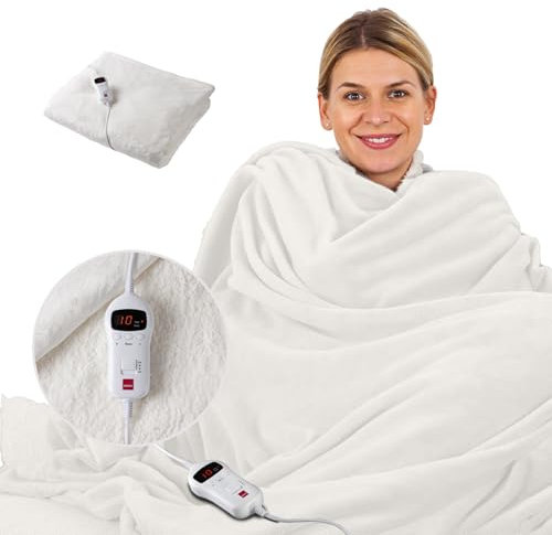 Sensio Home Luxury Heated Throw Electric Blanket Cream, Flannel Fleece with Teddy Fleece On The Inside, Machine Washable, Digital Remote with 10 Heat Settings and Timer