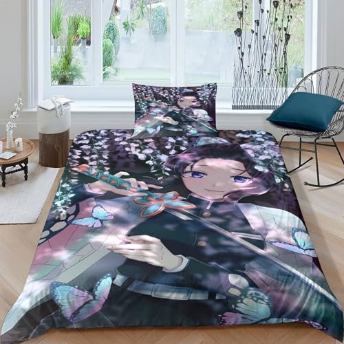 Anime Demon Slaye Bettbezug Set Für Kinder Mädchen Jungen 3D Gedruckter Kochou Shinobu Cartoon Bettwäschegarnitur Weich Microfaser Und Kissenbezüge Reissverschluss Bettwäsche 2 Teilig Single(135x200cm