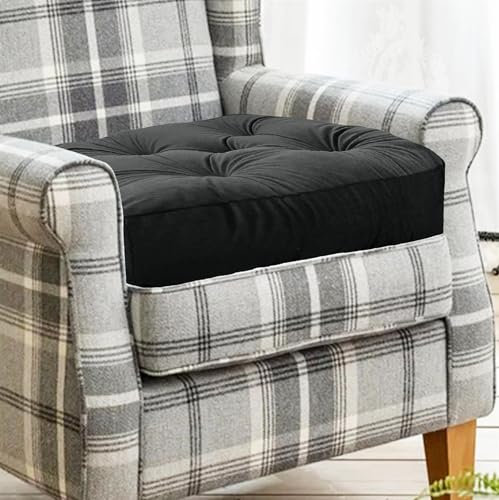 Vapinity Black Armchair Booster Cushion Pad | 50x50x10cm Large Velvet Firm Seat Cushions | For Office Chair Dining Sofa & Floor Cushion | Soft Cotton Filling for Pregnancy Elderly & Home Comfort