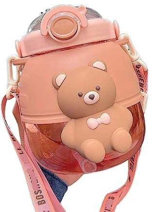 PBENO Trinkflasche Kawaii Teddy Bear Water Bottle with Silicone Straw and Strap Cute Water Cup Sports Outdoor Leakproof Water Bottle(Pink)
