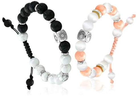 TOTWOO Perlen-Armbänder, Naturstein & Edelstahl Energieschmuck für Paare, Verstellbar & Stapelbar, Sonne-Mond-Nicht-Smart-Armband mit Positiver Energie, das Ideale Geschenk für Liebe und Freundschaft