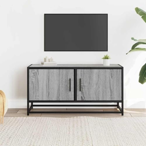 Natulvd Industrial TV Stand for TVs up to 35 Inch, Small TV Unit with 2 Doors & Metal Frame, TV Cabinet for Living Room, Bedroom, Length 80 cm (Grey Oak)