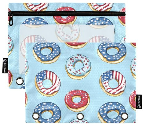 Fustylead Federmäppchen mit USA-Flagge, 4. Juli, passend für Standard-3-Ring-Ordner, Reißverschluss-Bleistifttasche mit transparentem Fenster, für Büro, Schule, Kosmetik, 2 Stück, blau