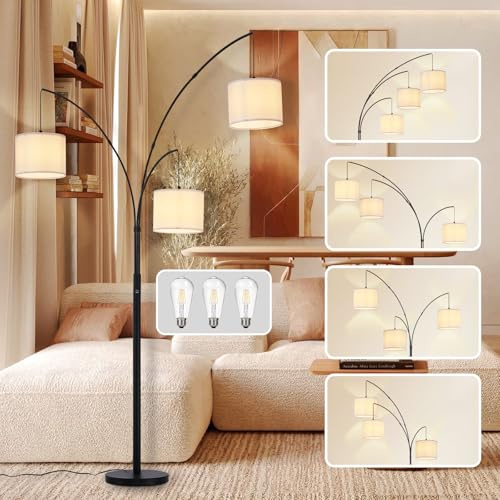 DINGLILIGHTING Moderne Stehlampe für Zimmer: 3-Licht Tree Stehlampen mit weißen Schirmen für Wohnzimmer - Bogen Stehlampes für Schlafzimmer - Hohe Stehlampe für Büro Ecke Schwarz