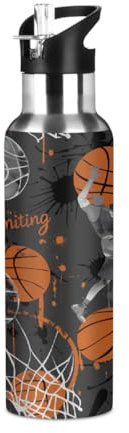 Woltant Botella de agua de acero inoxidable con aislamiento al vacío para jugadores de baloncesto, 600 ml, botella de agua deportiva con popote a prueba de fugas, para el trabajo, viajes, gimnasio