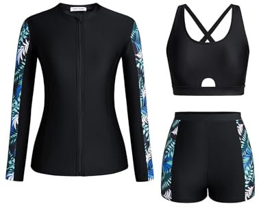 Odizli Swimming Costume Women Top + Tummy Control Swim Shorts Bikini Sets + Long Sleeve Rash Guard Vest Shirts 3 Piece Older Ladies Modest Swimwear Full Body Swimsuit Wetsuit Beachwear Black Blue M