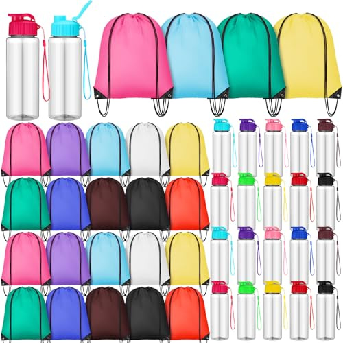 Skybooly 40 Pcs 17 oz Plastic Water Bottles Bulk and Drawstring Backpack Set Reusable Flip Top Leakproof Water Bottles with Handle for Adults Sports Gym Travel Party Outdoor (Lovely)