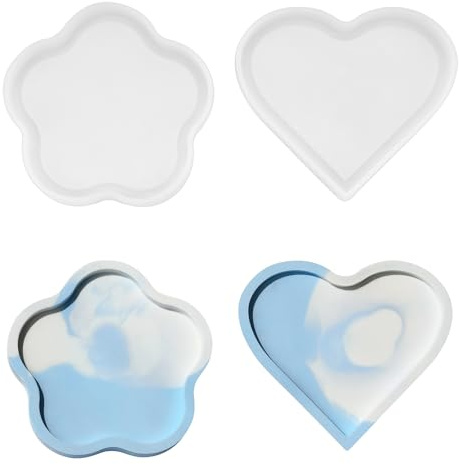 JelyArt 2 Stück Silikonform Kerzenhalter Herz mit Blume Tablett Untersetzer Silikonformen Gießformen Tablett Epoxidharz Formen für DIY Bastelprojekte,Heimdekoration