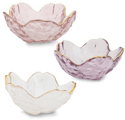 Huakaile Schmuckteller aus Glas, Blumenform, Schmuckschale für Ringe, Ohrringe, dekoratives kleines Schmucktablett, Geschenk für Ehefrau, Frauen, Tochter, 3 Stück (Rosa, Lila, Transparent)