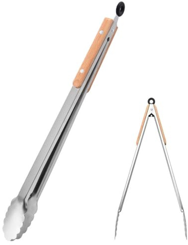 ZMREN 44cm Küchenzange, Grillzangen aus Edelstahl, Fleischzange Mit Rutschfester und wärmeisolierender Holzgriff, Verriegelbare Metallzange, ideal zum Kochen, Grillen