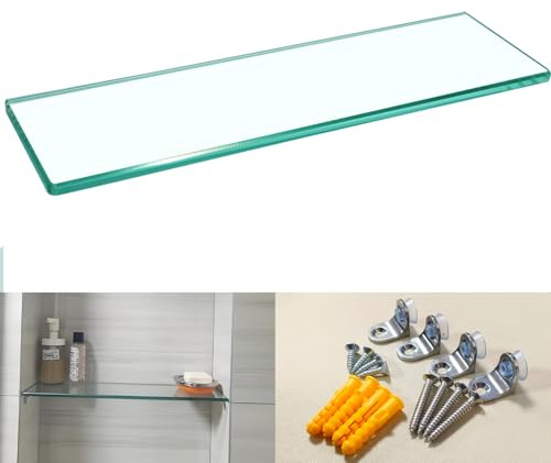 Biutimarden 11.81” Tempered Glass Niche Shelf with 4 Small Brackets for Tile Niches Wooden Niches 8mm Thick Shower Niche Shelf for Bathroom Kitchen Cabinet