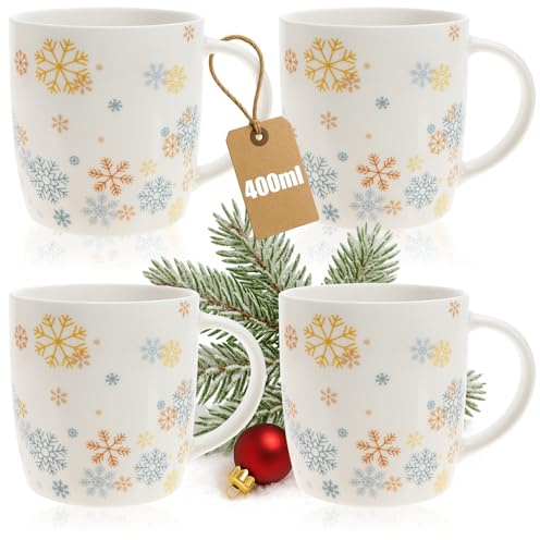 com-four® 4x Kaffeebecher aus Keramik 400 ml - Kaffee-Tasse in weihnachtlichem Schneeflocken Design - Kaffeepott für Kalt- und Heißgetränke - Henkeltassen zur Adventszeit (Schneeflocken - 400ml)