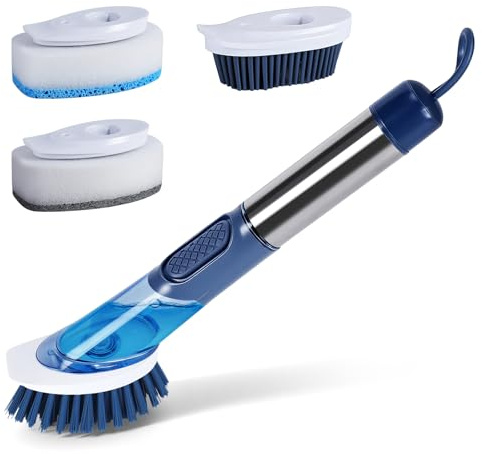 Zvonema Brosse à Vaisselle avec Distributeur, 27CM Brosse Vaisselle à Manche Long, avec 4 Têtes Remplacement, Durable & Résistant, pour Nettoyage la Vaisselle, Casseroles et Bien Plus Encore, Bleu