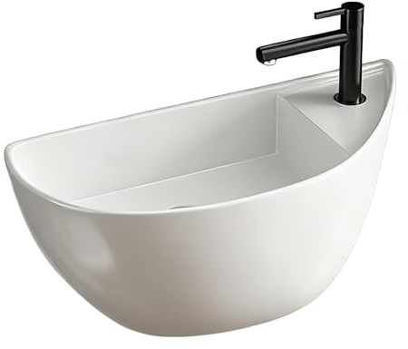 Kleines Waschbecken mit Wasserhahn und Ablaufgarnitur, Modernes Platzsparendes Keramik-Aufsatzwaschbecken für Wohnmobil, Bad und Kleine Waschräume(White)