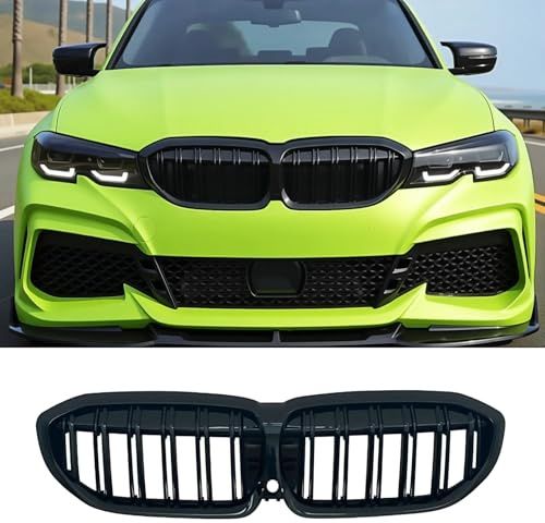 Hengjiayao Nieren Schwarz Kühlergrill für BMW 3er G20 G21 2019-2022 PRE | Streifen Nieren kamera Schwarz Grill Glanz Doppelsteg Sport ABS Kühlergrill Gitter Frontgrill Kühlergitter