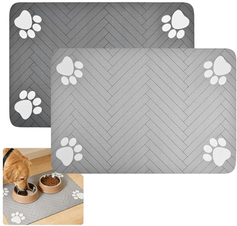 2 Pièces Tapis de Protection pour Nourriture et Eau, Tapis Absorbant gamelle Chien Chat Nourriture pour Animaux de Compagnie, 60x40 cm Pet Feeding Mat, Séchage Rapide, Lavable, Nettoyage Facile