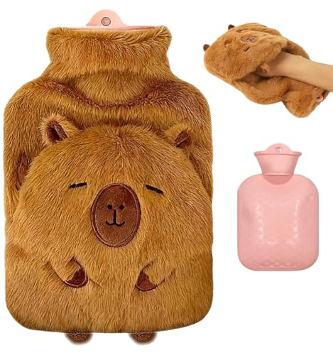 Niedliche Capybara Wärmflasche mit weichem Plüsch-Überzug, 1000ml auslaufsichere Naturgummiflasche gegen Schmerzen in Rücken, Schultern, bei Regelschmerzen & für winterliche Wärme, gemütliches Geschen