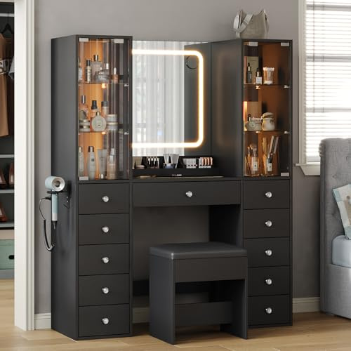 FUSOU Dressing Table with 11 Drawers & 2 Large Storage Cabinets, Adjustable Glass Shelf, Dressing Table with Mirror and Stool, Vanity with Glass Top and Power Outlet, Vanity Desk for Bedroom, Black