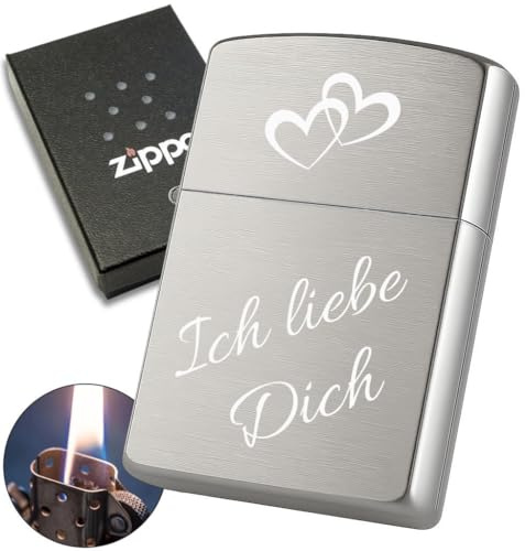 Personalisiertes Feuerzeug mit Gravur, hergestellt mit Zippo Sturmfeuerzeug Chrome Brushed, Geschenkidee für Männer, Papa, Freund (Liebe)
