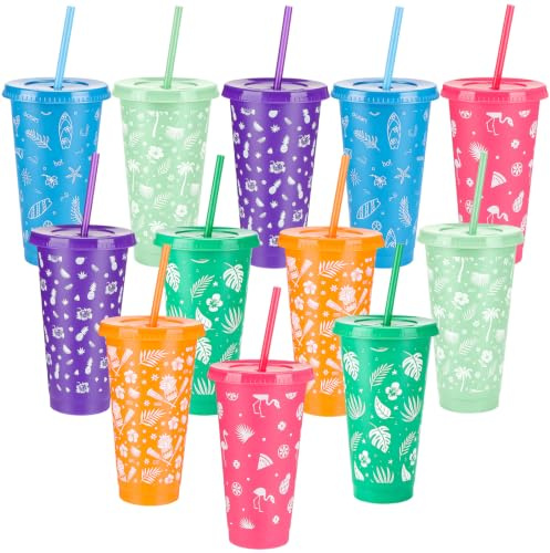CNSJ 12 Pcs Hawaiian Plastic Tumbler Cups with Straw and Lid 24 Oz Reusable Travel Mug for Tropical Summer Beach Themed Party Favours Cold Drinks
