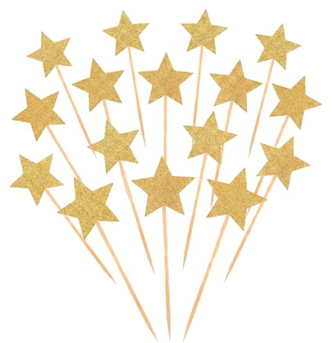 Matwsec 63PCS Star Cake Toppers Gold Star Cupcake Toppers Sticks | Glitter Stars Cake Decorations for Birthday Party Baby Shower Wedding Cake Decorations (4 Mixed Size)