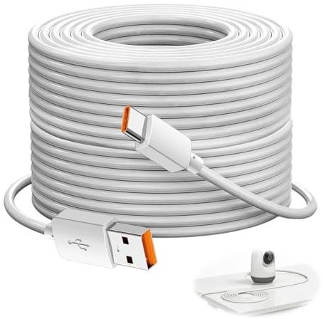 Lethra Cable USB-C 10 m 66 W Carga Rápida, Cable Alargador de Alimentación con PVC Resistente, Compatible con Cámaras de Seguridad de Mi y Otras Marcas, Blanco