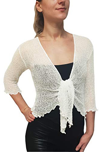 Mimosa Ladies Crochet Glitter or Plain Stretch Lace Fish Net Bali Tie at Waist Bolero Shrug Open Cardigan (Ivory, 6-16)