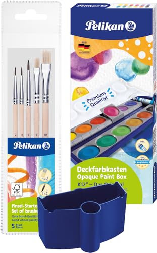 Pelikan Unisex Jugend 720250 Deckfarbkasten K12, 12 Farben inkl. 1 Tube Deckweiß, Schul-Standard (im Set mit Wasserbecher + 5 Pinsel)