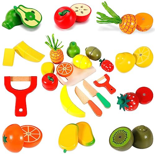 AOUVT Jouets de Cuisine en Bois pour Enfants, Ensemble de Fruits en Bois pour Enfants - Jouets Éducatifs de Reconnaissance des Couleurs, Cadeaux Jouets Fruits pour Garçons et Filles de Plus de 3 Ans
