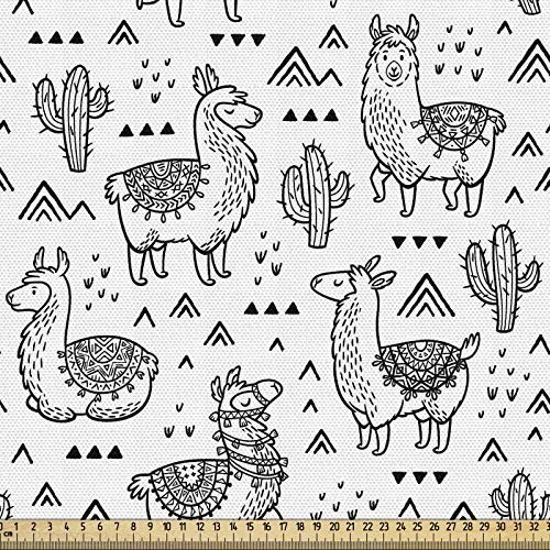 ABAKUHAUS Lama Gewebe als Meterware, Doodle Alpaka Design, Schön Gewebten Stoff für Polster und Wohnaccessoires, 1M (148x100cm), Weiß Schwarz