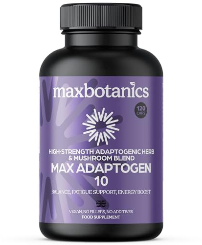 Max Botanics Max Adaptogen 10 Balance, Fatigue, Energy Boost & Stress Support 10-Herb Adaptogen High Strength Mushroom Blend with Ashwagandha, Rhodiola & Ginseng Natural Vegan UK Made (120 Capsules)