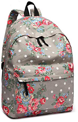 KONO Schulrucksack Mädchen Rucksack Schulranzen Schultasche Damen Canvas Backpack Blume Tupfen Daypack Schultertasche Teenager School Tasche Vintage für Arbeit Schule Reise (Grau)
