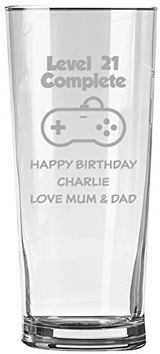 Personalised Engraved Pint Glass - 21st Birthday Gift, Level 21 Complete with Personalised Name and Message Design