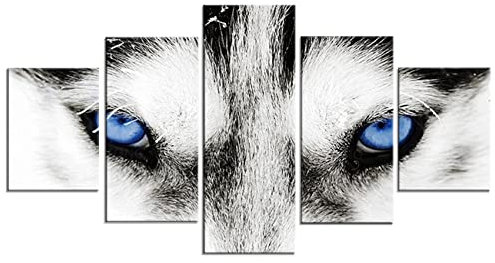 ZHONGYUTONG Husky Leinwandbilder 5-teilig Schwarz Weiß Wolf Blaue Augen Poster und Kunstdruck Tiergemälde für Wohnzimmer Heimdekoration (100x55cm, Kein Rahmen)