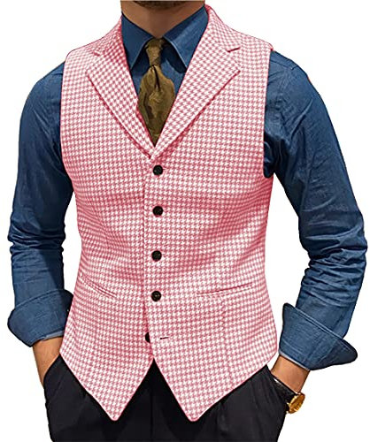 Gilet da uomo in lana retrò gilet pied de poule Tweed a spina di pesce per smoking, Rosa, Medium