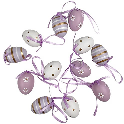 Osterdeko 12 Eier lila Flieder Ostereier zum hängen Wachteleier modern 3x4x3cm (5917 lila Flieder Punkte Blumen)