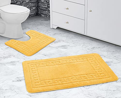 La Maison Bathroom Rug Set 2 Piece Greek Key Scroll Non Slip Bath Mat and Pedestal Mat Set Quick Dry Shower Bath Super Soft Toilet Mat Set (Ochre)