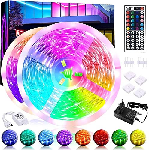 LED Strip 10M RGB LED Band Selbstklebend Flexibel Lichtband 5050 SMD Leiste mit Fernbedienung Netzteil Farbwechsel LED Lichterkette DIY für Schlafzimmer Zimmer Zuhause TV KücheDeko