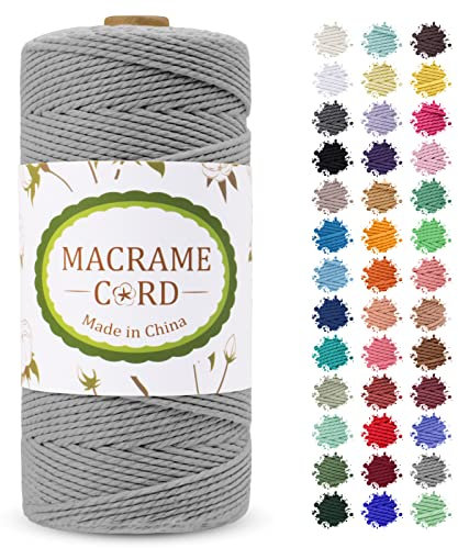 LEREATI Makramee Garn 2mm x 200m, Farbig Baumwollgarn Baumwollschnur Baumwollseil Baumwollkordel, Macrame Cord Geflochten für DIY Basteln, Makramee Wandbehang, Hängepflanze, Boho Deko (Hellgrau)