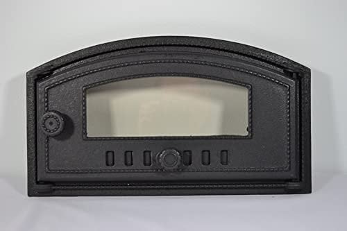 SEZAM Puerta de horno de hierro fundido con cristal resistente al calor, apertura hacia la derecha, horno de pizza, horno de pan, puerta de horno de piedra, 48,5 x 6,5 x 27,5 cm, semicircular, color