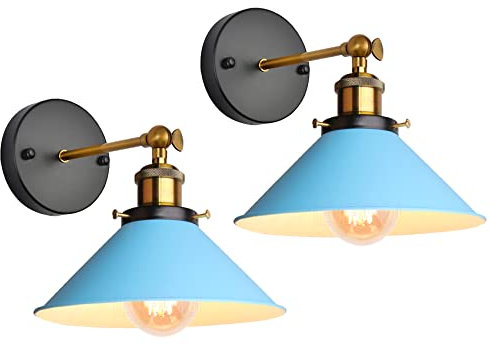 iDEGU Lot de 2 Appliques Murales Rétro, Lampe Murale de Style Edison en Forme de Parapluie E27 Métal Plafonnier Luminaire Vintage Applique Intérieure pour Chambre Salon Couloir Café, 220mm (Bleu)