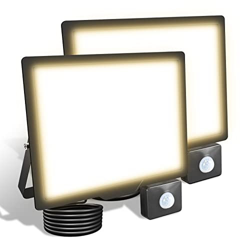 SKYWORLD 2 Pcs Projecteur led extérieur avec detecteur de mouvement, 75W 7500LM 3000K Blanc Chaud Spot led extérieur, IP66 Étanche eclairage de sécurité floodlight pour Terrasse Garage Jardin