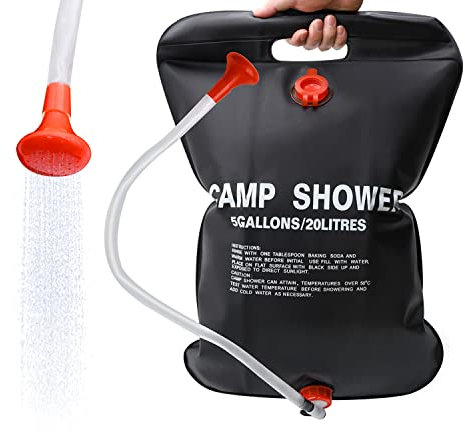 DkOvn 1 sac de douche solaire de 20 L, sac de douche portable avec tuyau amovible et pommeau de douche commutable marche/arrêt pour le camping, la plage, la natation, les voyages en plein air