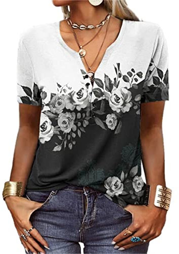 GRMLRPT Tops für Damen Kurzarm Rundhal T-Shirts Tunika Oberteile Bedruckte Blusen für Mädchen Elegant Lässige Hemd Knopfleiste(Schwarz-Kurzarm,L)