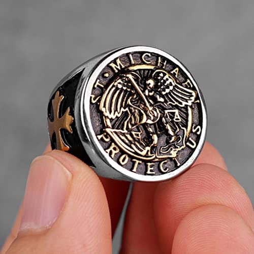 XJruixi 316L Stainless Steel St-Michael Men Rings Good Lucky Talisman Religious Personality Biker Ring for Men Boy Fashion Jewelry Gift