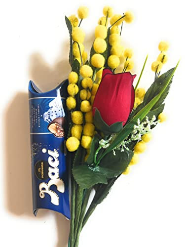 Baci Perugina Idée Cadeau de Noël 2024 – Bouquet de Mimose Artificiel + Rose Rouge + Gaine Perugina 37,5 g – Cadeau Original