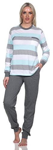 Normann Damen Schlafanzug Langarm mit Bündchen in Blockstreifenoptik - auch in Übergrössen, Farbe:helltürkis, Größe:56-58