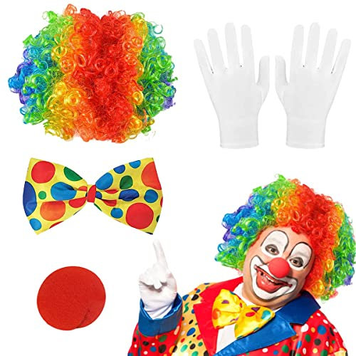 CINGHIA Clown Kostüm Accessoires,4 Stück Clown Set Perücke,Nase Krawatte Handschuhe Zubehör Geeignet für Ostern,Karnevals Kostüm Cosplay
